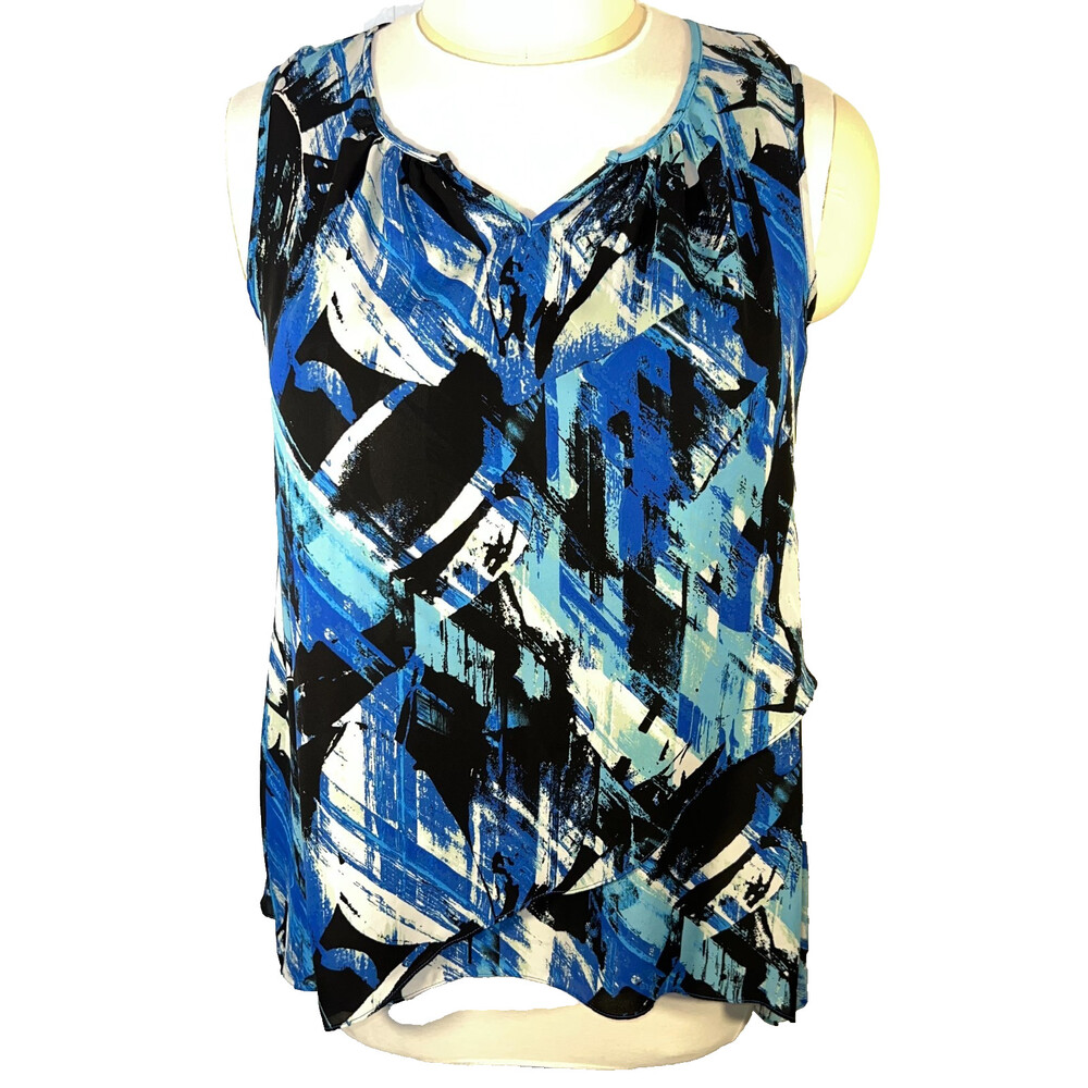 Avenue - Tank Top Tunic Women's 18/20 Blue Abstract Flutter Hem Notch V-Neck